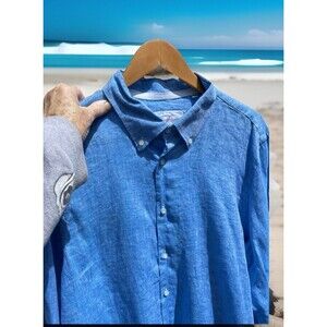 Cotton Colors 100% Linen Tunic Shirt Blue Flip Cuff Made in Italy Mens 48" Chest